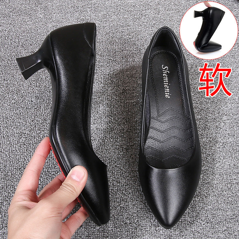 loveccr  Genuine Leather Stewardess Work Shoes Women's Black Leather Shoes Small Heel Professional Business Workwear Formal Wear Mid-Heel High Heel Interview Women's Shoes