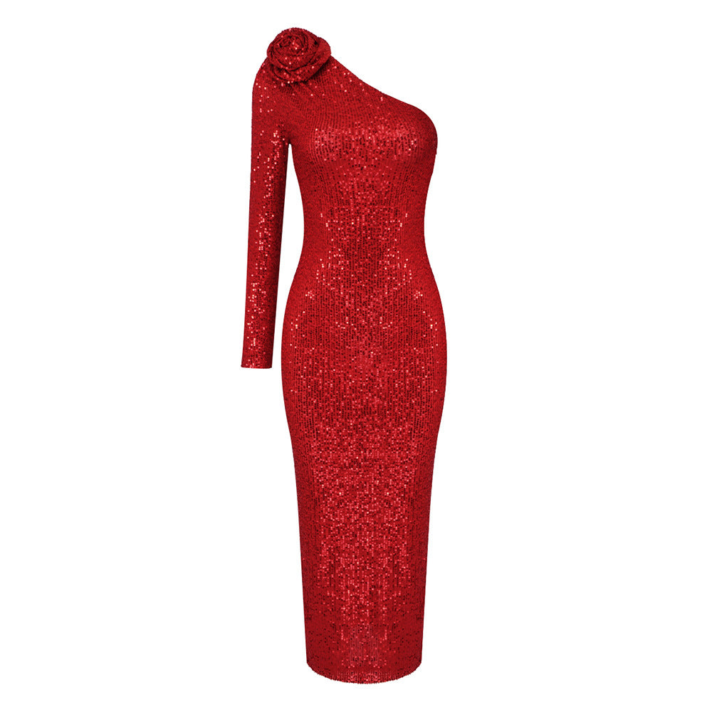 LOVECCR New red flower shoulder bead dress long  2025 Christmas women's long-sleeved dress autumn and winter