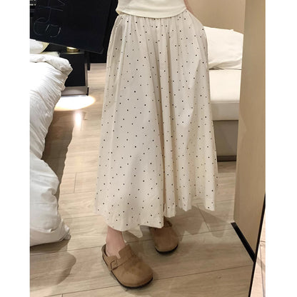 Gentle White Polka Dot Long Skirt for Women Simple Elastic Waist Cover Slim A- line Super Fairy Skirt Spring
