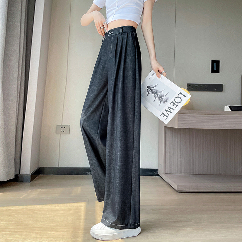 Dark Blue Lyocell Jeans Women's Thin 2024 New Summer Loose Ice Silk Wide-Leg Pants Retro Draped Pants