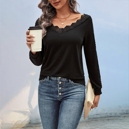 LOVECCR foreign trade long-sleeved top Hot autumn new 2025  women's v-neck lace splicing bottoming shirt