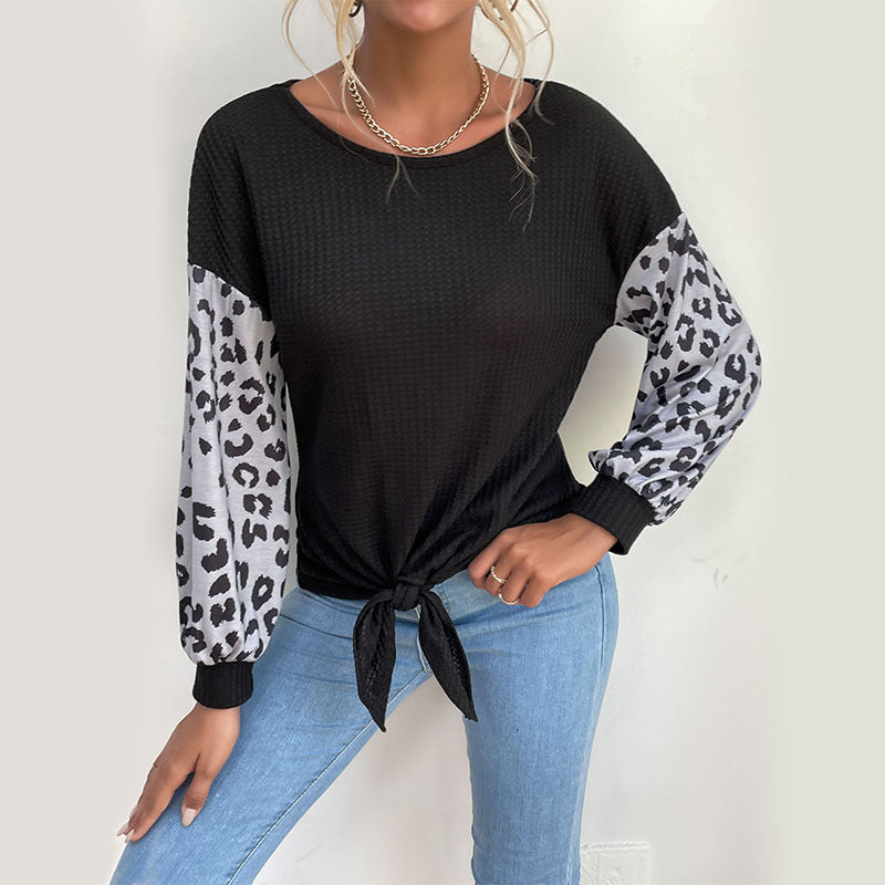 LOVECCR 2023 New Autumn Middle East Women's Clothing Crew Neck Pullover Long Sleeve Splicing Black Leopard Print T-Shirt Women