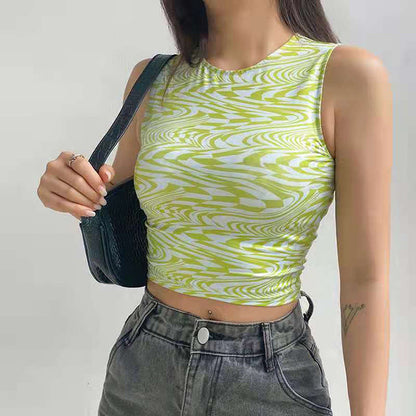 LOVECCR A piece of  popular women's clothing printed sexy ins round neck slim-fitting 2025 open-navel small vest