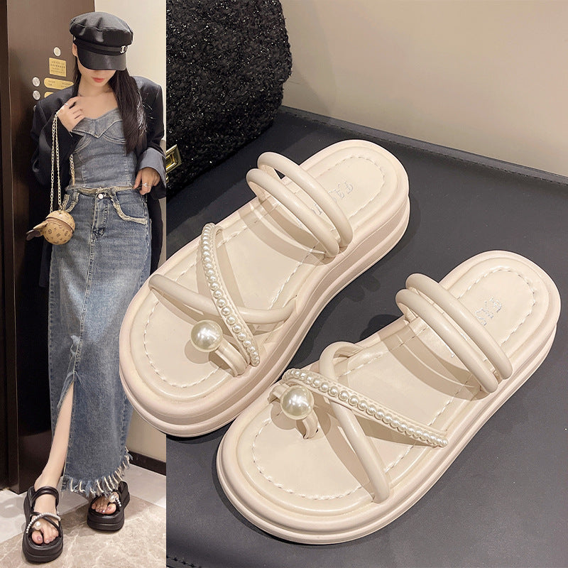 Pearl Toe Ring Slippers Fairy Wind  Summer New Korean Fashion Rhinestone Platform Sandals Wholesale