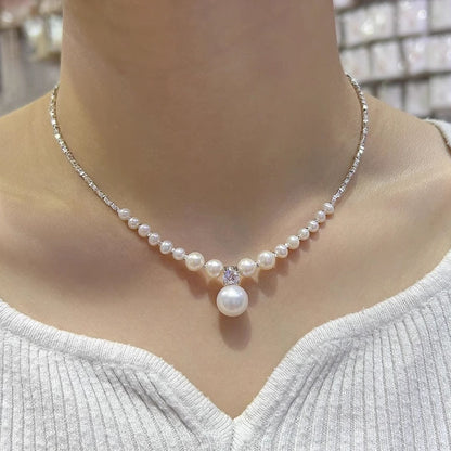 S925 Sterling Silver Small Pieces of Silver Shijia Pearl Necklace Women's All-Match Clavicle Chain Sweater Chain Jewelry Wholesale  New