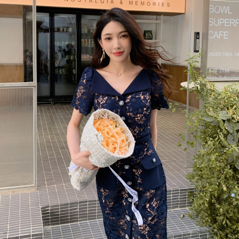 LOVECCR  Early Spring New Women's Clothing Water Soluble Lace Dark Blue Large Lapel High Waist Slimming Dress Long Dress Evening Dress