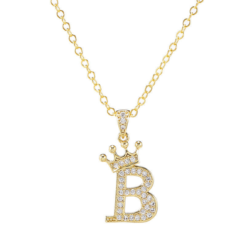 New Fashion Copper Inlaid Zircon Crown English Letter Personality Pendant Simple Women's Necklace Necklace Jewelry Manufacturer