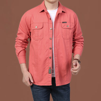 Men's Casual Loose Long-Sleeved Shirt New plus Size Solid Color Young and Middle-Aged Shirt Autumn Workwear Pocket Style