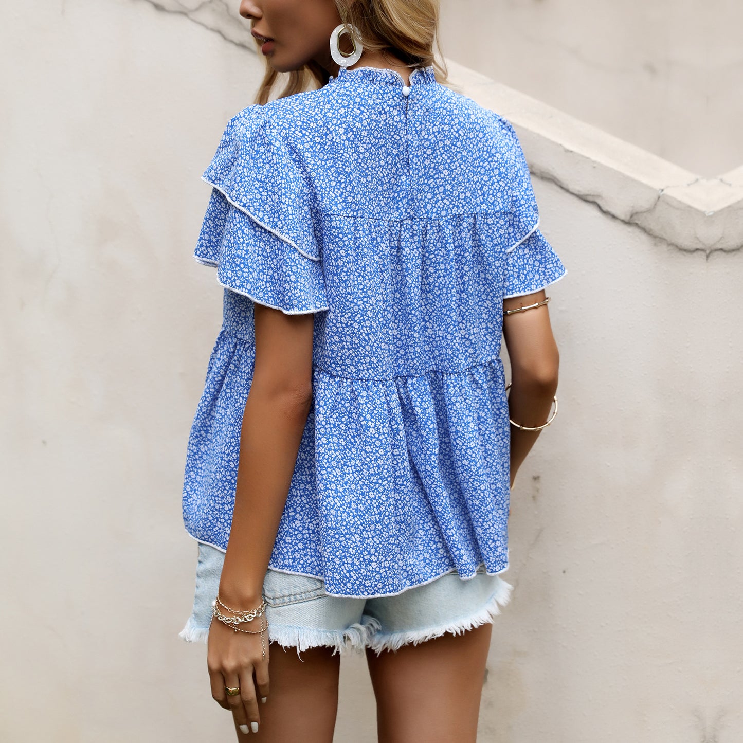 LOVECCR New Popular trade women's clothing popular summer new 2025 floral short-sleeved top ruffle edge  shirt