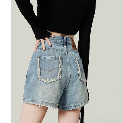 Summer Retro Denim Shorts Women's High Waist Loose and Slimming Hot Pants Small A- line Pants Burr Straight Pants