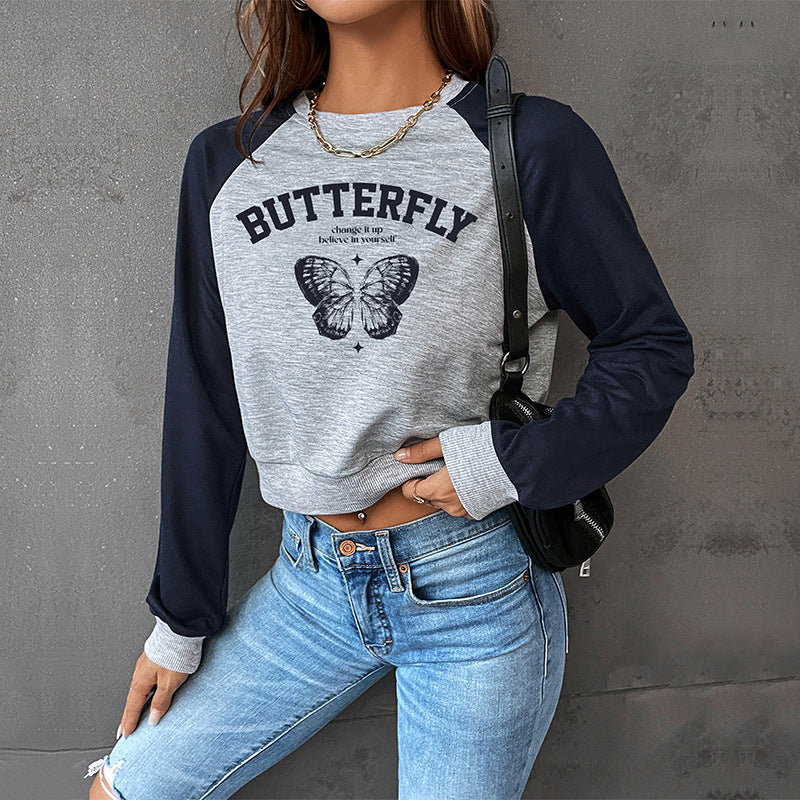 LOVECCR Hot new spring and autumn college style shoulder sleeves BM 2025 foreign trade color matching short women's round neck pullover sweater