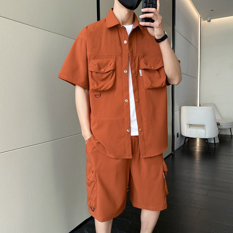 Summer  Ice Silk Short Sleeve Suit Men's Japanese Style Workwear Loose Casual Short-Sleeved Shirt Cropped Pants Two-Piece Set