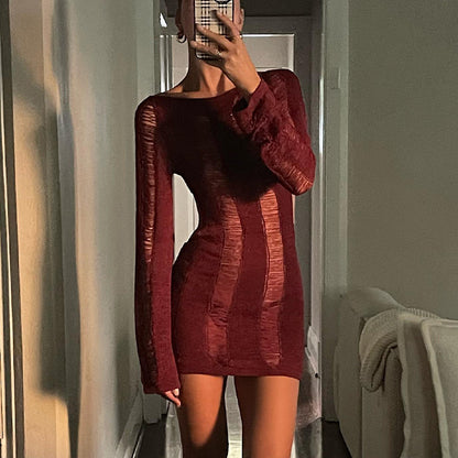 LOVECCR  Long Sleeve Hollow-out Backless Dress Sexy Tight Hollowed-out Sheath Wool 2022 Spring and Summer European and American Women's Clothing Dress