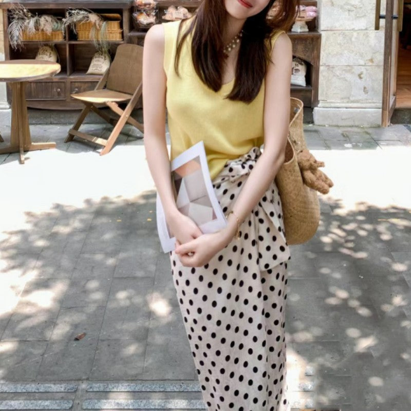 Fashionable Elegant Women's New Summer Clothes Matching Set of Age-Reducing Beautiful Western Style Yellow with Polka Dots Dress Suit