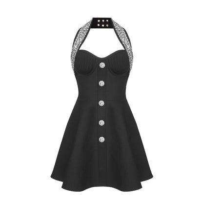 LOVECCR New black sleeveless heavy industry beads hanging neck A-shaped skirt bandage skirt 2025 women's clothing slim-fitting dress