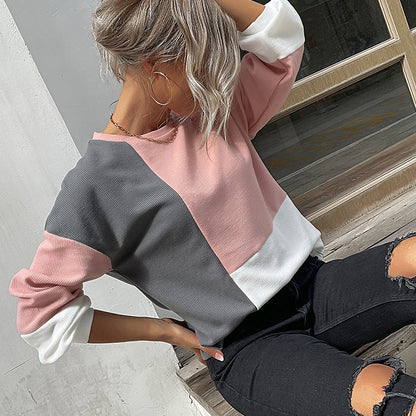 LOVECCR New women's clothing popular new 2025 splicing knitted top long-sleeved color matching knitted waffle sweater