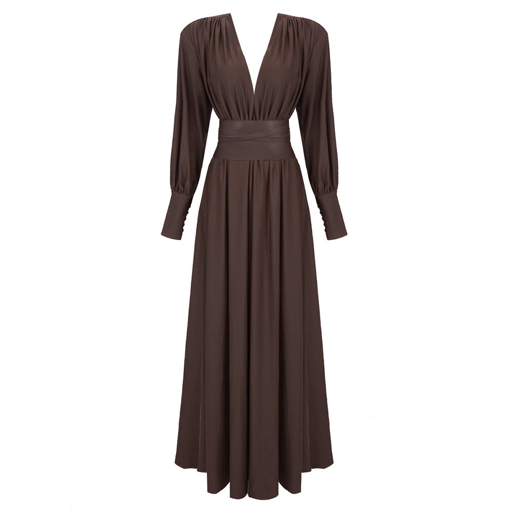 LOVECCR 2025 spring and summer new chocolate color design waist seal pleated dress popular coffee women's long-sleeved long dress