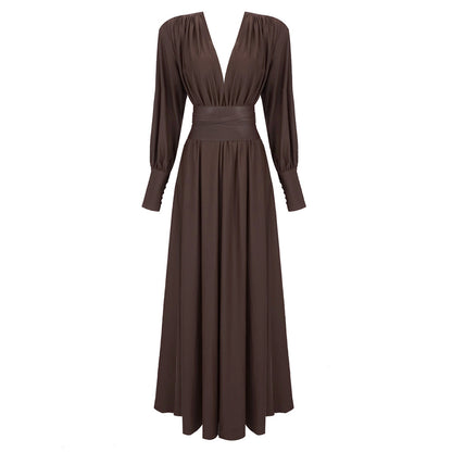 LOVECCR 2025 spring and summer new chocolate color design waist seal pleated dress popular coffee women's long-sleeved long dress