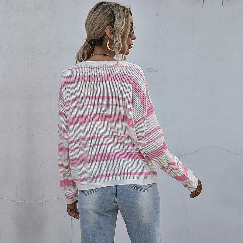 LOVECCR  foreign trade Hot early autumn pink pullover round neck striped knitted sweater women's casual pullover