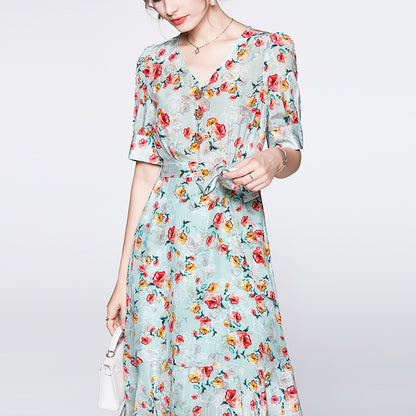 Floral Skirt  Style  New Summer Fashion V-neck Small Tight Waist High-Grade Mulberry Silk Silk Dress