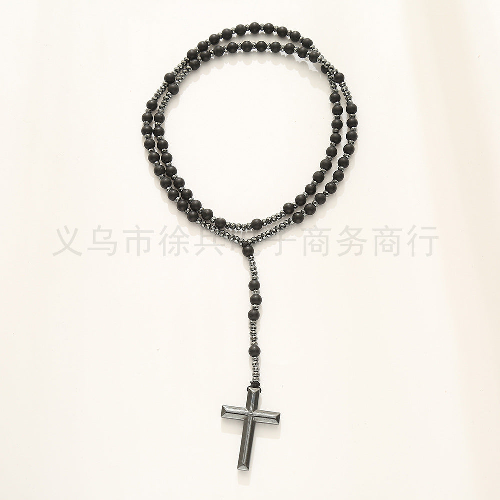 New Cross-Border Direct Supply in Stock Minimalist Creative Cross 6cm Matt Black Agate Haematite Men's and Women's Necklaces