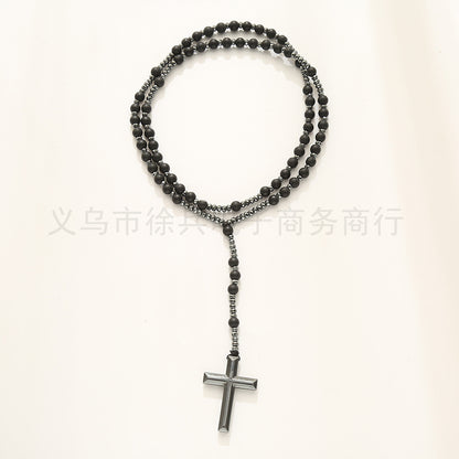 New Cross-Border Direct Supply in Stock Minimalist Creative Cross 6cm Matt Black Agate Haematite Men's and Women's Necklaces