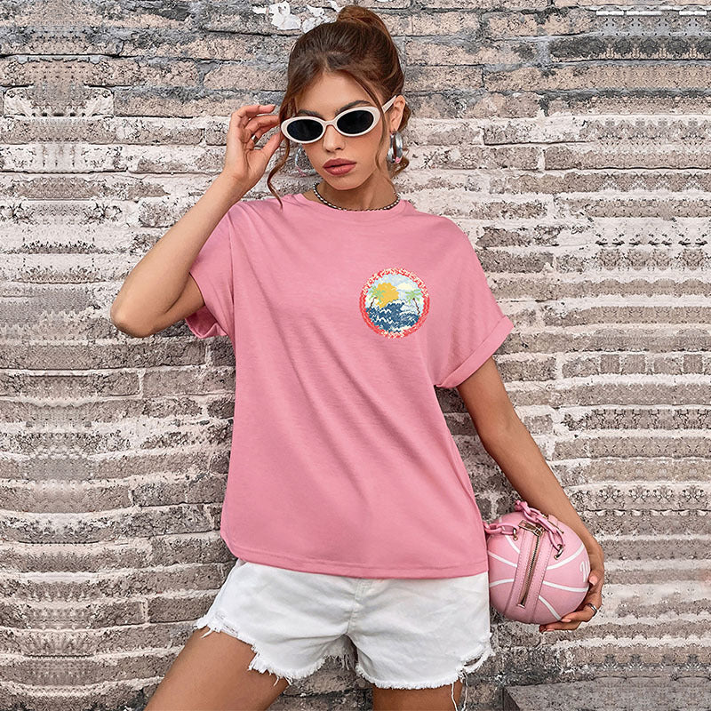 LOVECCR New popular Summer South East Asia Women's Crew Neck Printed Basic Top Guangzhou Short Sleeve T-Shirt Wholesale