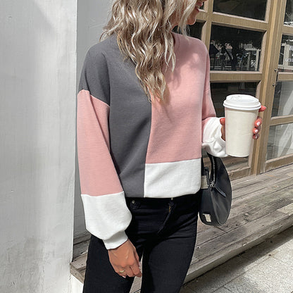 LOVECCR New women's clothing popular new 2025 splicing knitted top long-sleeved color matching knitted waffle sweater