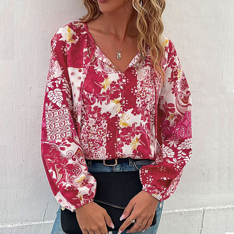 LOVECCR   Hot autumn casual printed shirt fashion 2025 foreign trade lace-up bubble sleeve shirt women