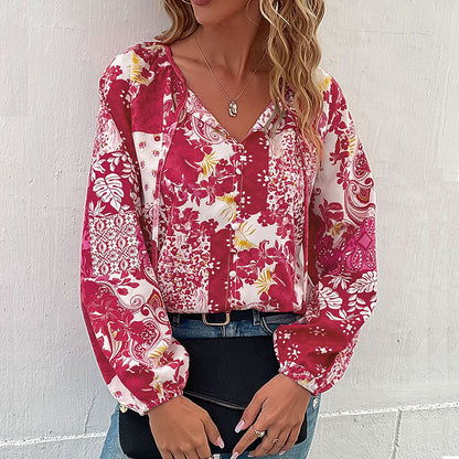 LOVECCR   Hot autumn casual printed shirt fashion 2025 foreign trade lace-up bubble sleeve shirt women