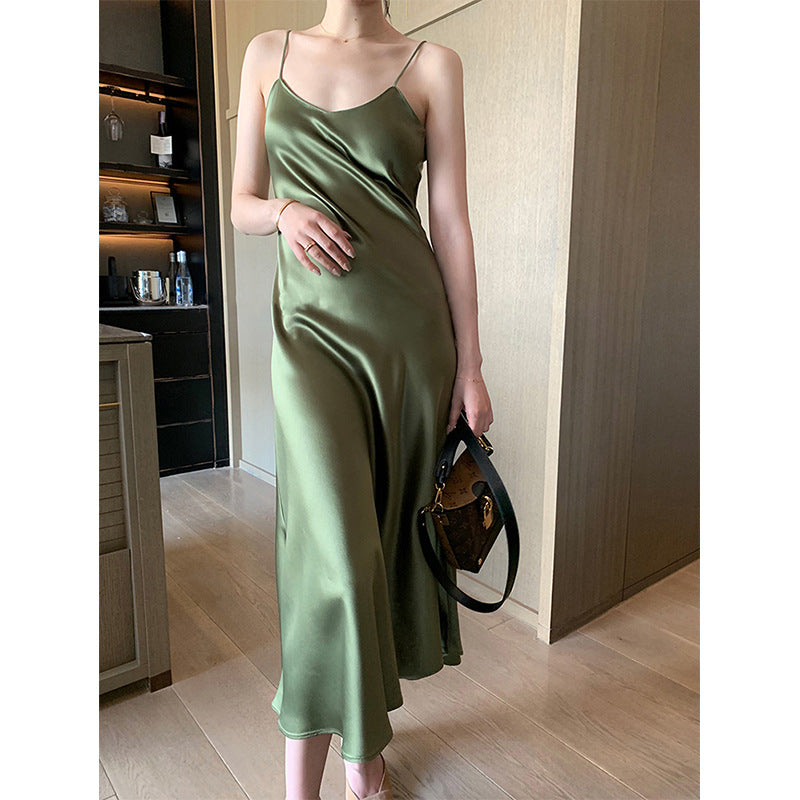 Spring and Summer Hot-Selling Acetic Acid Dress Satin Slim All-Match Internet Celebrity Halter Skirt TikTok Set Long Dress