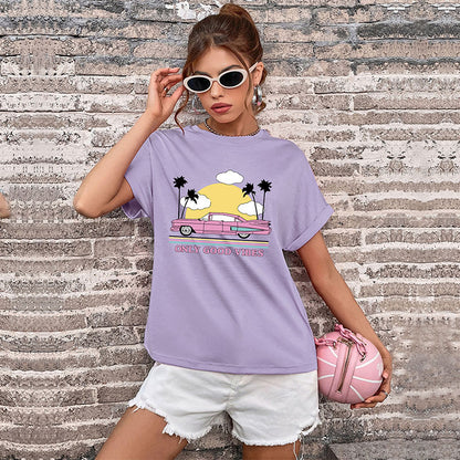 LOVECCR New popular Summer 2025 Women's Clothing Crew Neck Printed Basic Top Guangzhou Short Sleeve T-Shirt