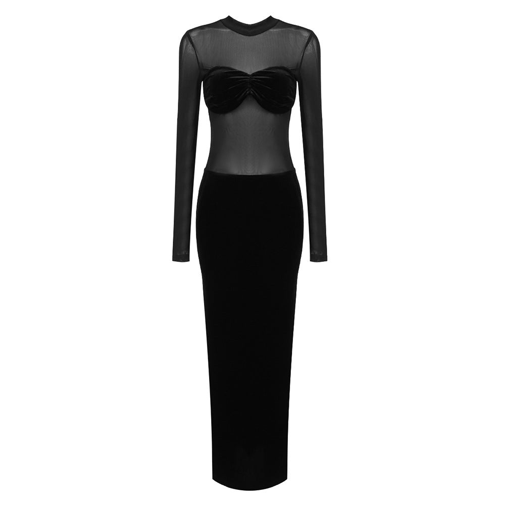 LOVECCR popular black long-sleeved mesh velvet splicing Popularan, 2025n autumn and winter new long dress hip skirt sexy dress slim fit