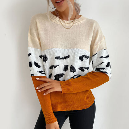 LOVECCR New Popular trade popular autumn new 2025 women's clothing long-sleeved leopard print contrasting knitted sweater color matching