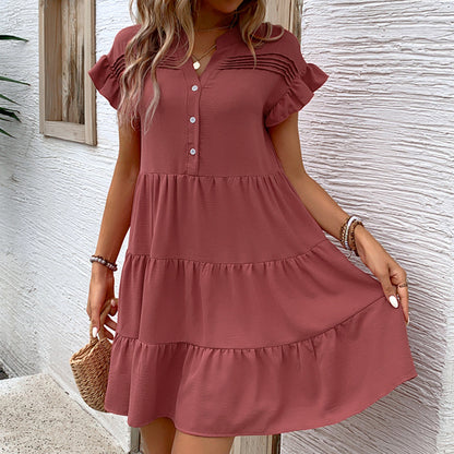 LOVECCR Hot summer new simple casual dress  2025 foreign trade button ruffle edge versatile short skirt