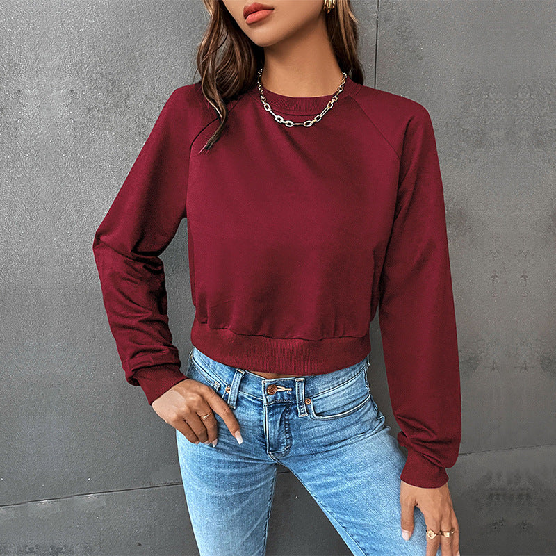 LOVECCR popular New Early Autumn Casual Sports Rough Sleeve Top Hot Trade Color Matching Short Navel Crew Neck Pullover Sweater