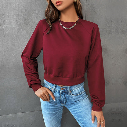 LOVECCR popular New Early Autumn Casual Sports Rough Sleeve Top Hot Trade Color Matching Short Navel Crew Neck Pullover Sweater