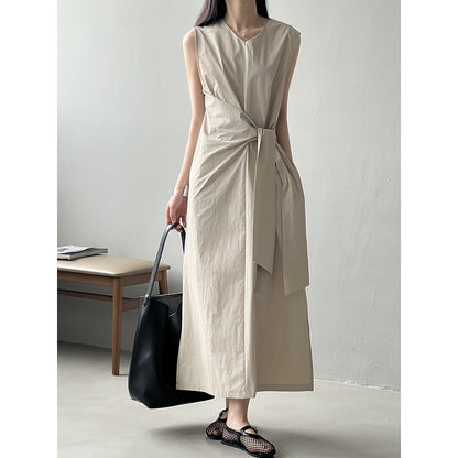 Yan Shuangfu Waist Belt Sleeveless Dress  Summer New Design Sense Tea Break  A- line Dress 9098