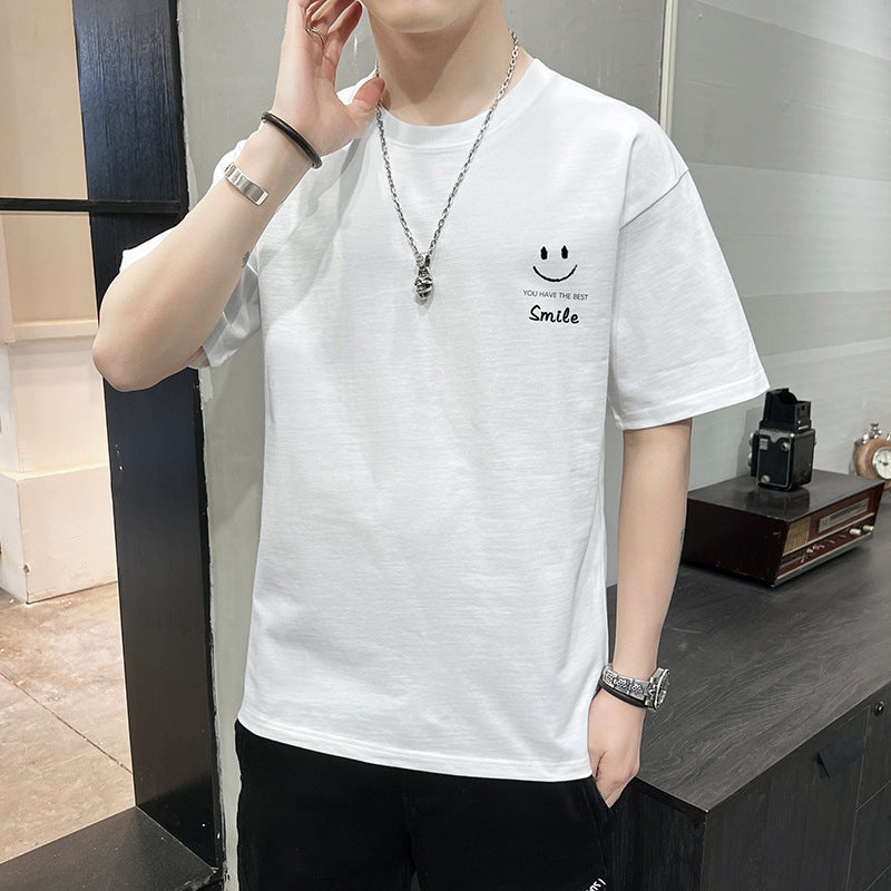 New Men's Short Sleeve T-shirt Men's New Student Cotton T-shirt Summer round Neck Half Sleeve Youth Undershirt Ins Fashion Brand