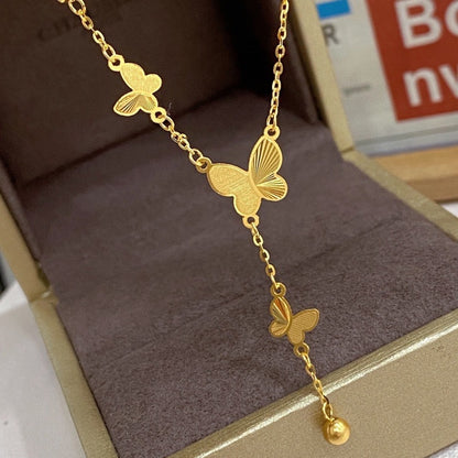 New  Ancient Style Golden Butterfly Tassel Necklace Women's Gentle High-Grade Versatile Special-Interest Design Titanium Steel Clavicle Chain