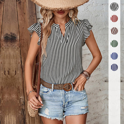 LOVECCR New new summer women's clothing lotus leaf flying sleeve top stand-up collar 2025 Popular trade sleeveless striped shirt