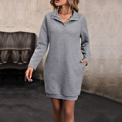 LOVECCR Europe and the United States Hot autumn  sweater skirt with pocket stand-up collar solid color V-neck women's dress new product