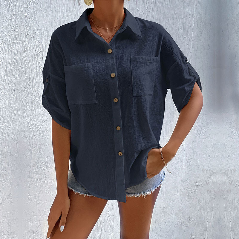 LOVECCR New popular new summer 2025 Popular trade button-up cardigan top short-sleeved pocket lapel shirt