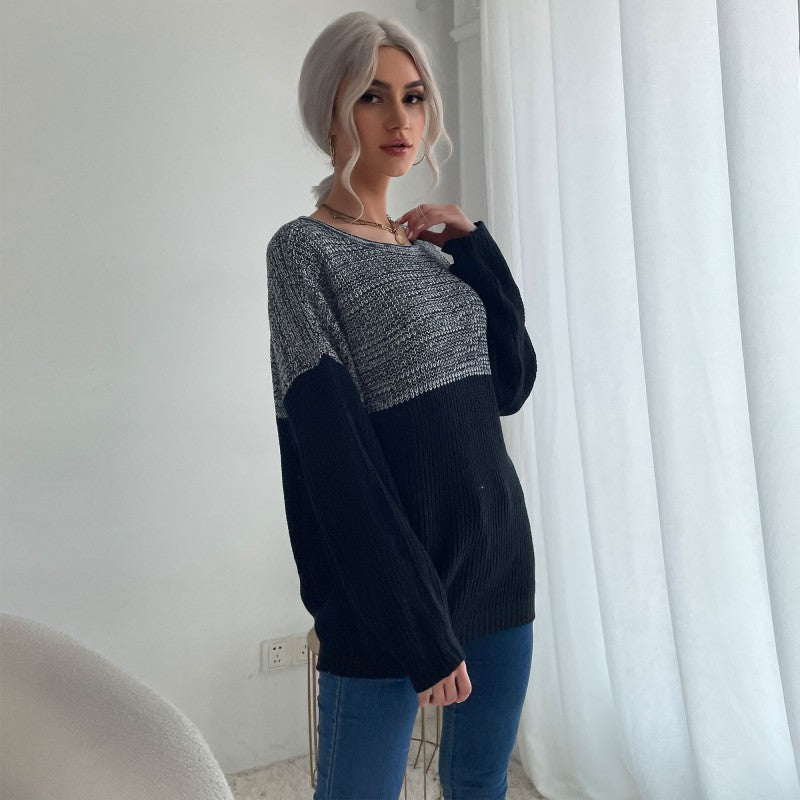 LOVECCR New Cross-border Hot Trade 2025 Fashion Women's Clothing Contrast Color Sweater Loose Autumn and Winter Splicing Knitted Sweater Women