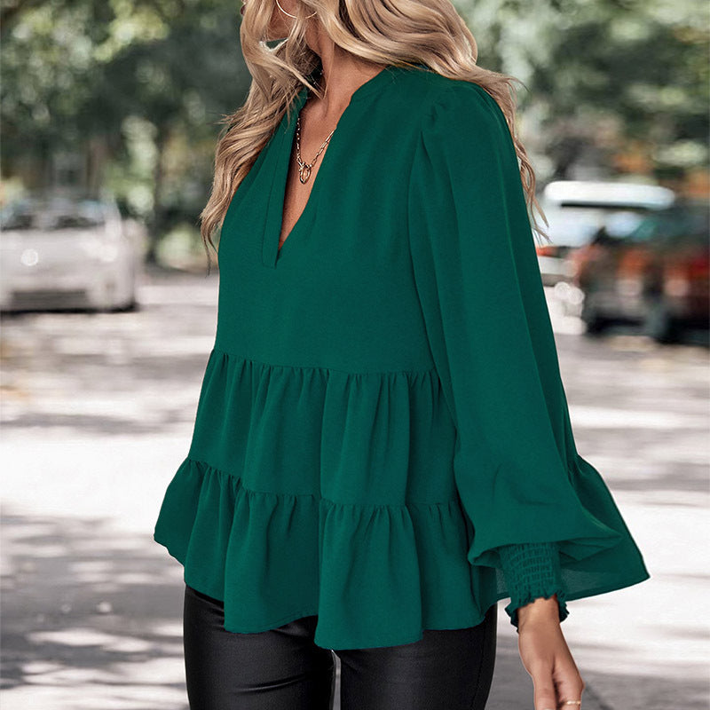 LOVECCR   Hot new women's shirt ruffle edge top V-neck shirt autumn popular solid color women