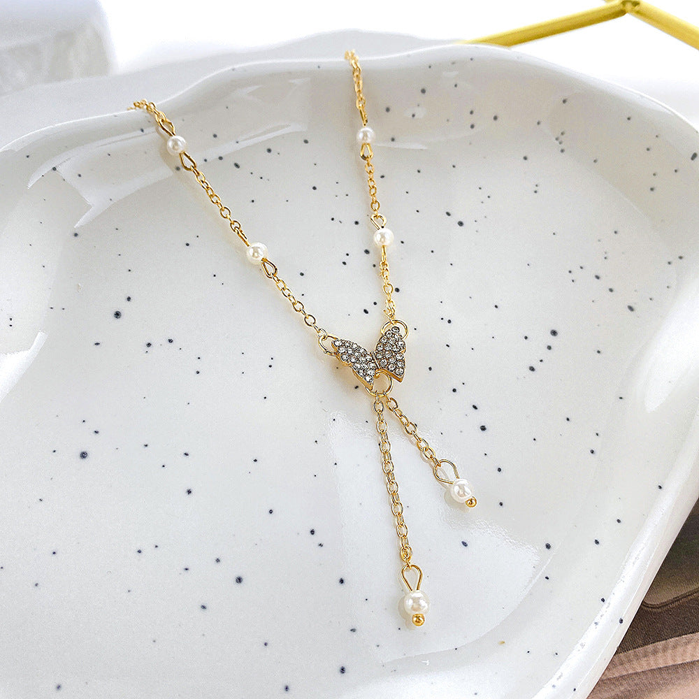 Cross-Border New Arrival Creative Ins Necklace Niche HOTan and NEWn Minimalist Design Light Luxury Butterfly Pearl Necklace Clavicle Chain