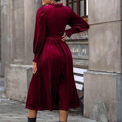 LOVECCR 2025 foreign trade explosion burgundy velvet dress temperament elegant long dress wooden ear edge collection design skirt