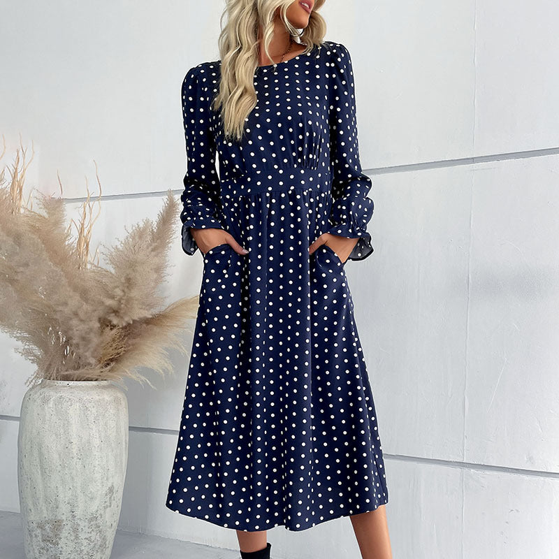 LOVECCR New  2025 Women's Clothing Hot Autumn and Winter New Long Sleeve Blue Polka Dot Medium and Long Dress