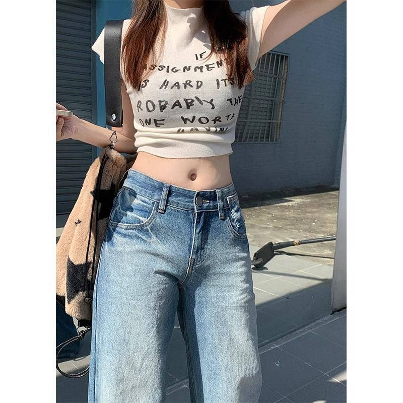 Retro Blue Low Waist Jeans for Women 2024 New Spring Straight Slim-Fitting Loose Mop Drooping Wide-Leg Pants