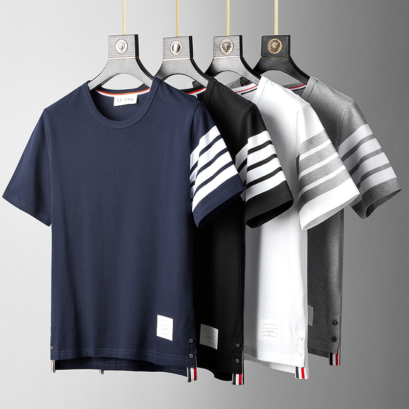 TB Yarn-Dyed Four-Bar Stripes Fashion Brand Half Sleeve Cotton Summer round Neck Short Sleeves T-shirt Men's Casual All-Match Fashion